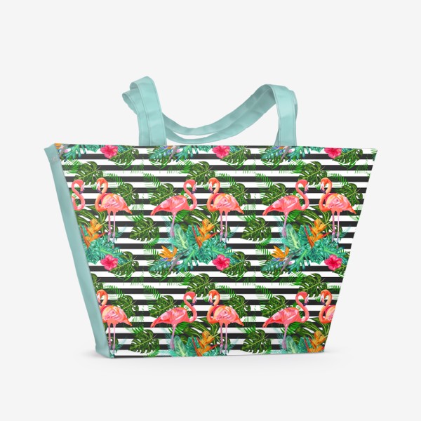 Пляжная сумка «Паттерн с розовыми фламинго и тропическими листьями»