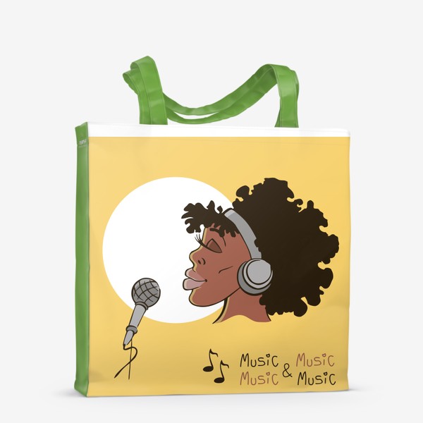 Сумка-шоппер «афроамериканка девушка микрофон и наушники на фоне солнца: музыка»