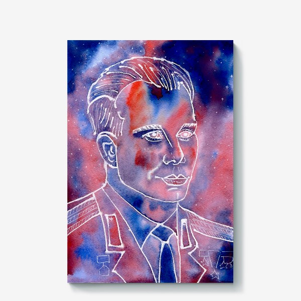Холст «День космонавтики. Юрий Гагарин. Портрет. Акварель. Космос. PNG»