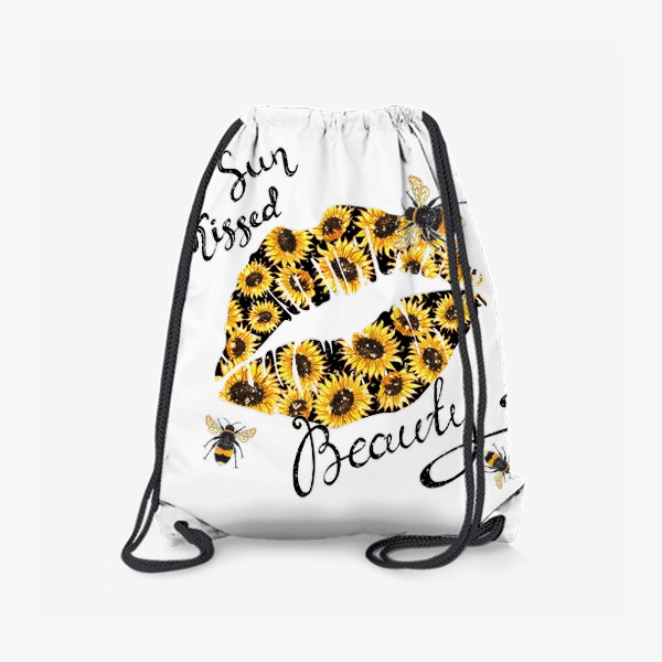 Рюкзак «Поцелованная солнцем красавица. Губы с акварельными подсолнухами и пчёлами»