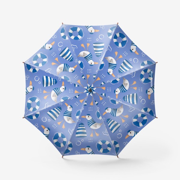 Зонт «Море, Чайки в тельняшке, Маяки на голубом фоне. для моряка»