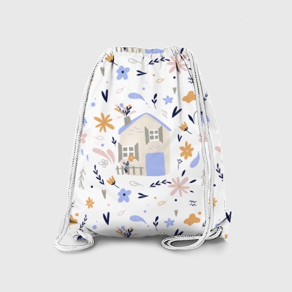 Рюкзак «Цветы, дача, лето, домики, милый детский паттерн. Для ребенка, для девушки. Нежные пастельные цвета, голубой, розовый»