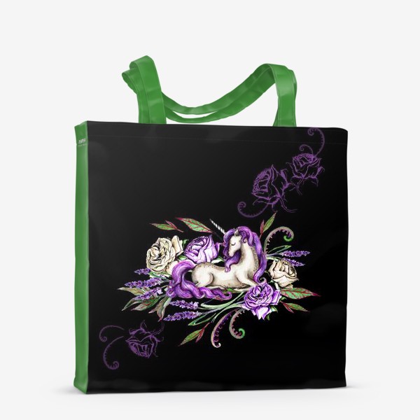 Сумка-шоппер «Единорог среди цветов на черном фоне»