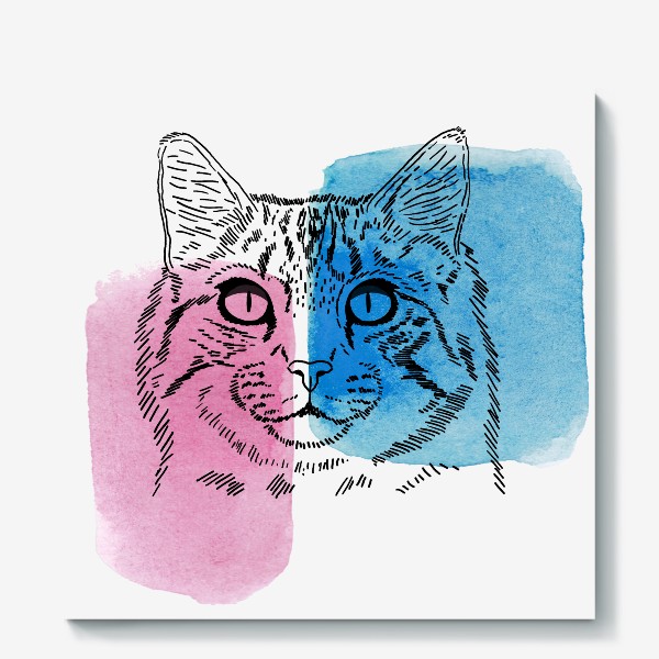 Холст «Акварельная кошка. Голубой и фуксия»