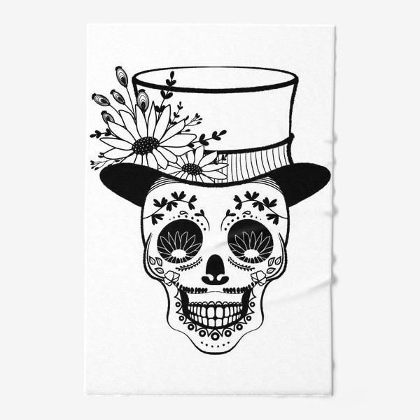 Полотенце «Черно-белый череп в шляпе с цветами»