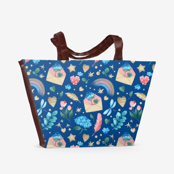 Пляжная сумка «Бесшовный паттерн. Цветы и любовные письма на синем фоне»