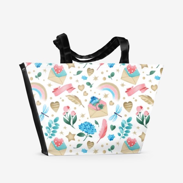 Пляжная сумка «Бесшовный паттерн. Романтика, перья, конверты, стрекозы и цветы»