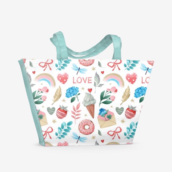 Пляжная сумка «Бесшовный паттерн. Пончик, мороженое, клубника и еонверт с цветами (крупно)»