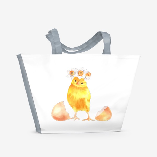 Пляжная сумка «Цыпленок с цветами - Пасха - Нарциссы»