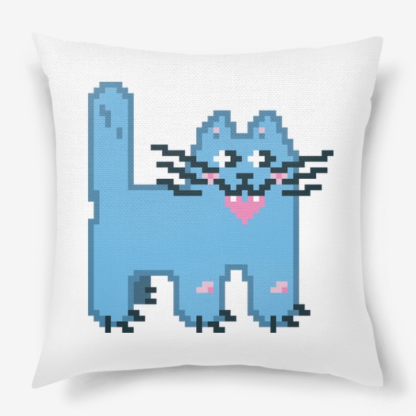 Подушка «Бирюзовый кот с сердцем в зубах. Пиксель-арт»
