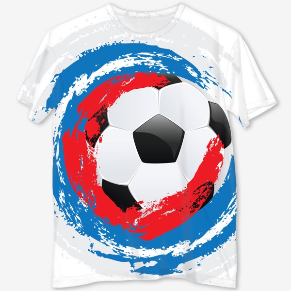 Футболка с полной запечаткой «Футбольный мяч и мазки кисти цветов российского флага»