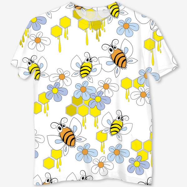 Футболка с полной запечаткой «Пчелы,соты с медом,цветы. Бесшовная текстура с пчелами на фоне сот и цветов»
