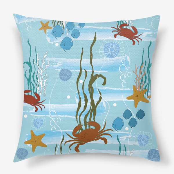 Подушка «Морской принт с крабами, рыбами, медузами. Летний морской паттерн.»