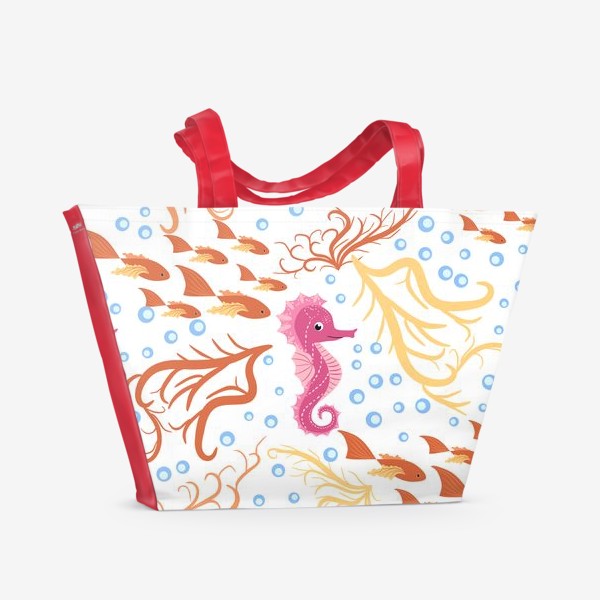 Пляжная сумка «Морской конек розовый, водоросли, пузыри и рыбки паттерн»