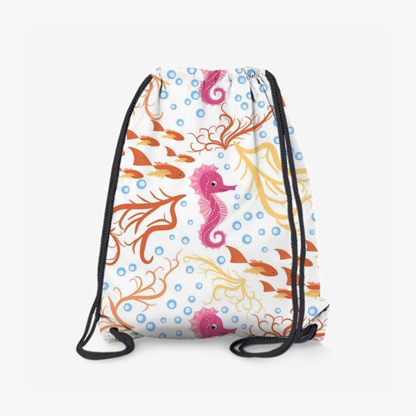 Рюкзак «Морской конек розовый, водоросли, пузыри и рыбки паттерн»