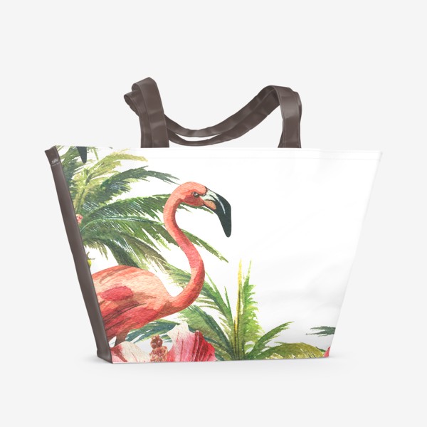 Пляжная сумка «Розовые фламинго в кокосовых пальмах с цветами гибискуса»