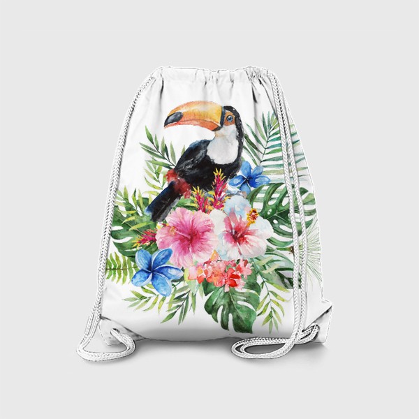 Рюкзак «Тропическая композиция цветы, пальмовые листья и тукан»