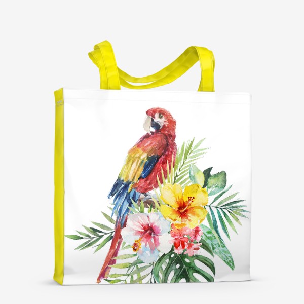 Сумка-шоппер «Тропическая композиция цветы, пальмовые листья и попугай Ара»