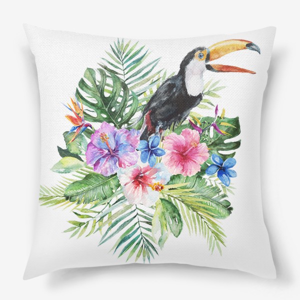Подушка &laquo;Тропическая композиция цветы, пальмовые листья и тукан&raquo;