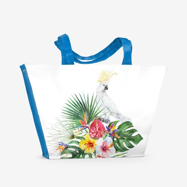 Пляжная сумка «Тропическая композиция цветы, пальмовые листья и попугай»