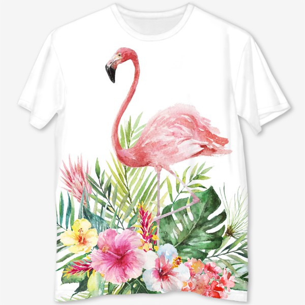 Футболка с полной запечаткой «Тропическая композиция цветы, пальмовые листья и розовый фламинго»
