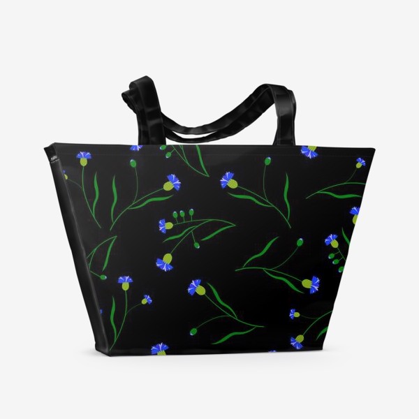 Пляжная сумка «синие васильки на черном фоне»