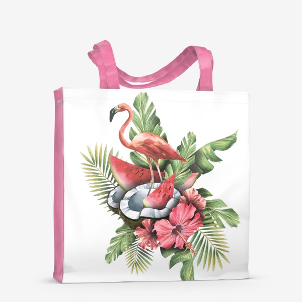 Сумка-шоппер «Розовый фламинго с тропическими листьями и цветами гибискуса, кокосом и арбузом. Акварель.»