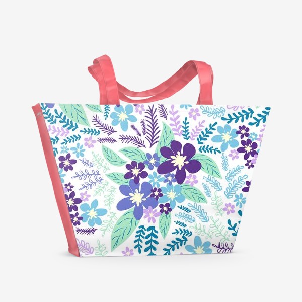 Пляжная сумка «Лазурные и фиолетовые цветы, паттерн»