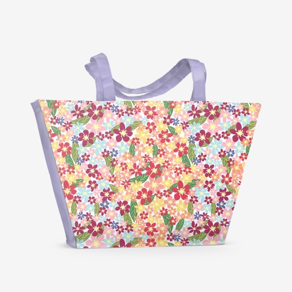 Пляжная сумка «Цветочный паттерн. Желтые, бордовые, розовые, голубые цветы»