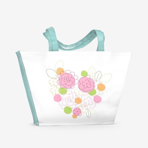 Пляжная сумка «Цветы. Принт в форме сердца с цветами.»
