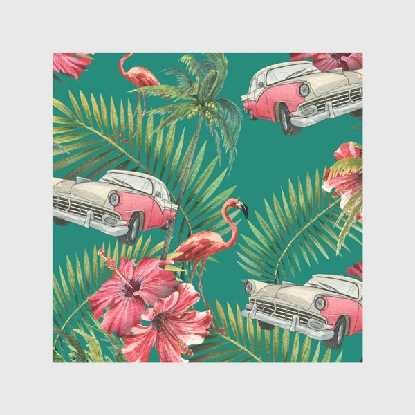 Шторы &laquo;Куба. Ретро машина, розовый фламинго, тропические листья и цветы гибискуса. Акварельный паттерн. Пляжный, летний.&raquo;