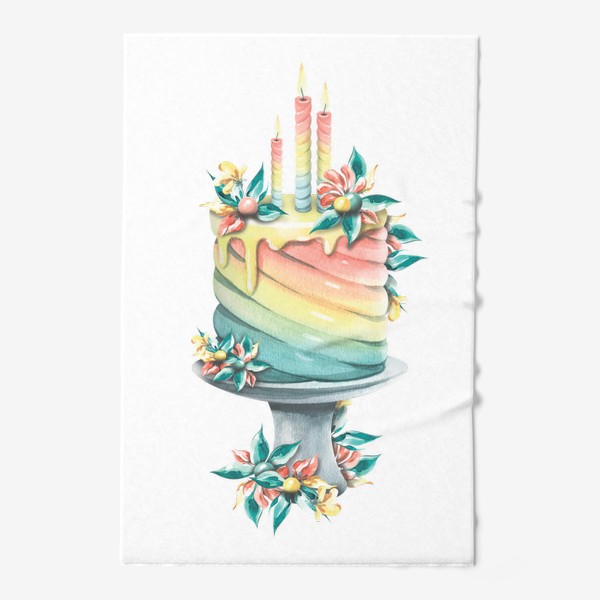 Полотенце «Торт радуга со свечами и цветами. Акварельный»