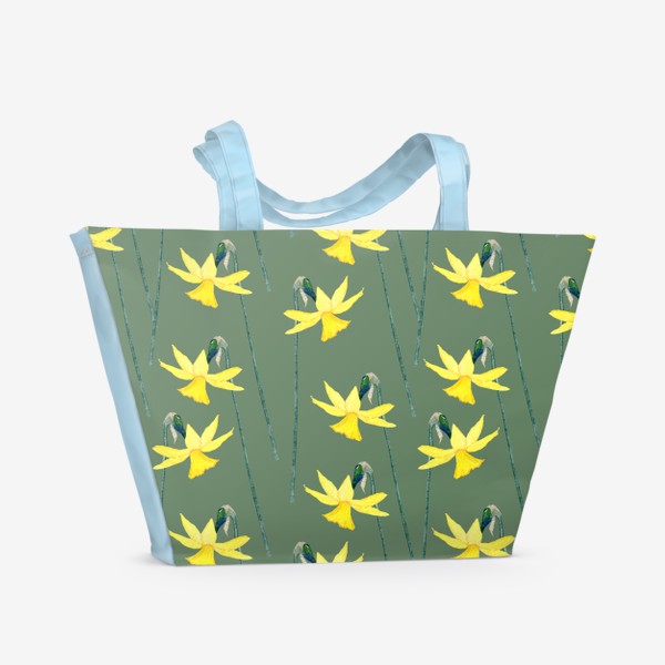 Пляжная сумка «Акварельные желтые нарциссы на зеленом»