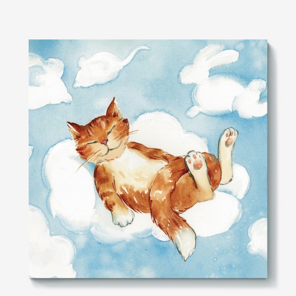 Холст «Акварельный рисунок Котик спит на облаке»