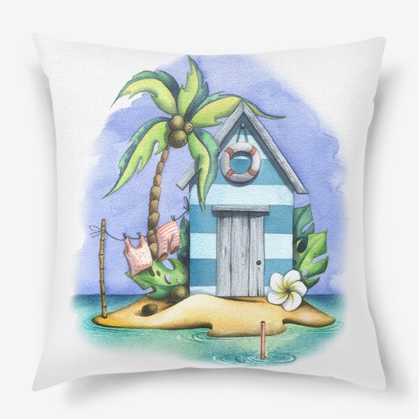 Подушка «Морской, пляжный домик с пальмами. Акварель.»
