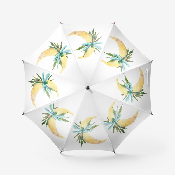 Зонт «Месяц с листьями бамбука и стрекозой. Акварель.»
