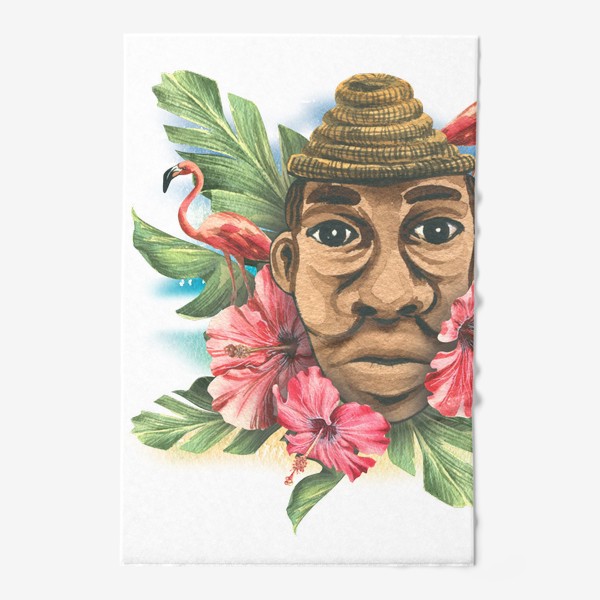 Полотенце «Тропический принт с фламинго и мужчиной кубинцем. Акварель.»