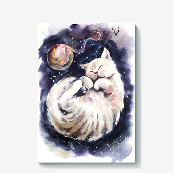 Холст «Акварельный рисунок Спящий милый кот с клубком пряжи»