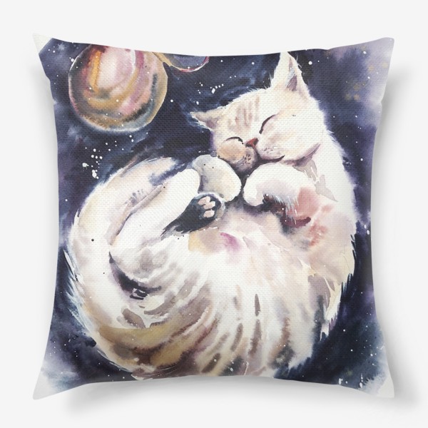 Подушка «Акварельный рисунок Спящий милый кот с клубком пряжи»