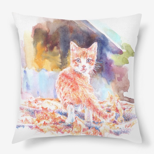 Подушка «Рыжий котенок,осень ,акварельно »