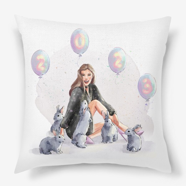 Подушка «Акварельная иллюстрация Девушка с кроликами 2023 год»