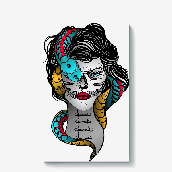 Холст «Винтажная татуировка с черепом девушки и ядовитой змеей»