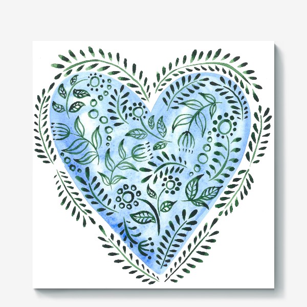Холст «Голубое сердце с растениями»