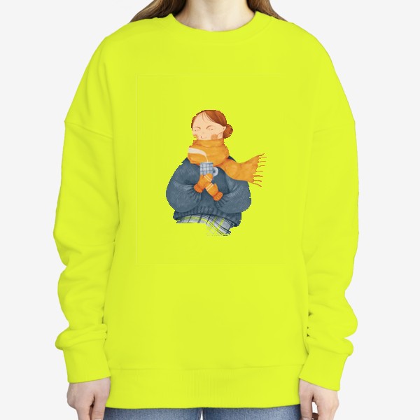 Свитшот «Акварельная яркая уютная иллюстрация. Девушка в шарфе и свитере держит в руках горячую чашку. Зима, осень»