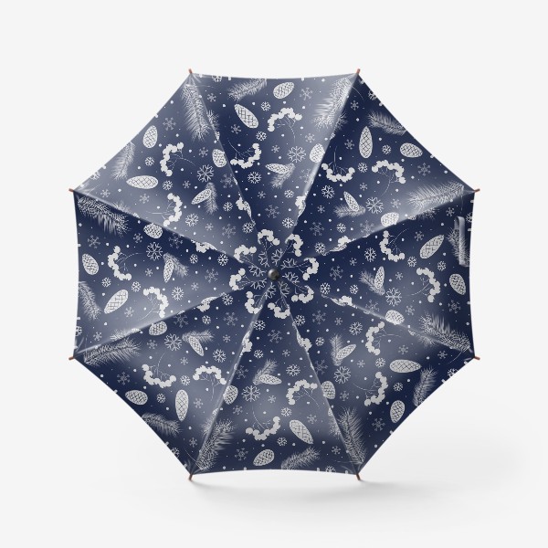 Зонт «Ягоды и шишки на синем фоне. Зимнее настроение»