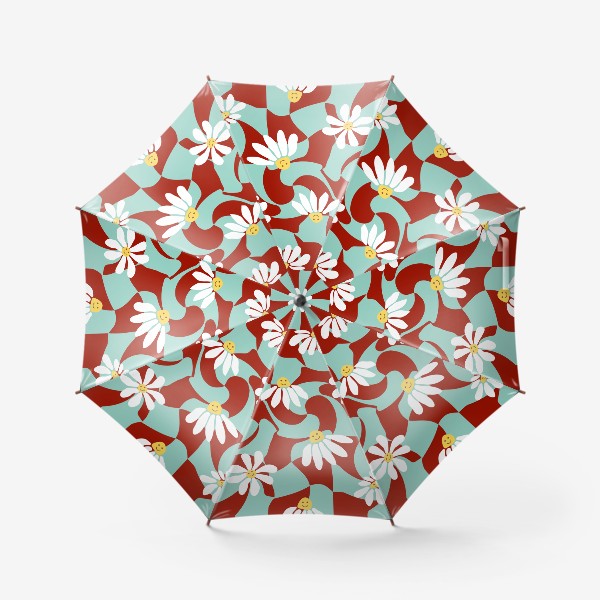 Зонт «Ромашки улыбаются на фоне закрученных квадратов. Ретро-паттерн, мода 1970х»