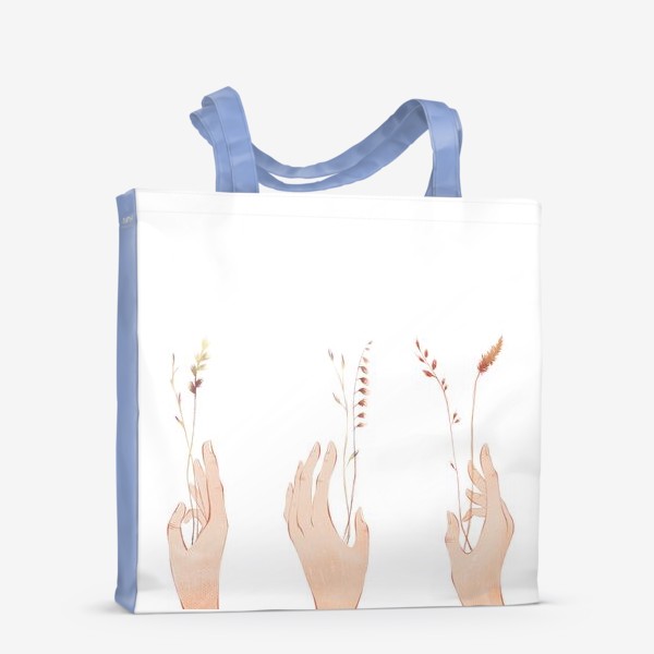 Сумка-шоппер «Акварельная нарисованная вручную милая иллюстрация. Женская рука держит цветы, колоски, травинки. »