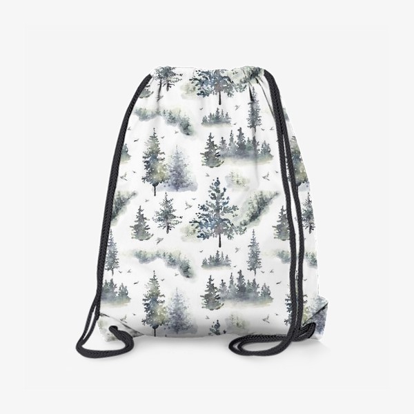Рюкзак «Акварельный нарисованный вручную бесшовный фон с туманным лесом, деревьями и птицами. Зеленые ели, сосны»
