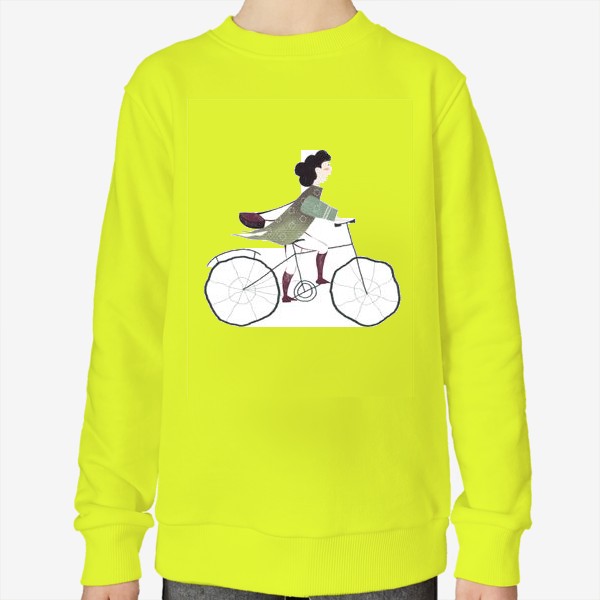 Свитшот «Акварельная нарисованная вручную иллюстрация. Девушка едет на велосипеде. Милый персонаж почтальон велосипедист»