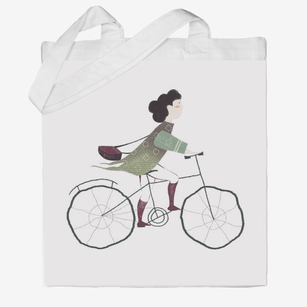 Сумка хб «Акварельная нарисованная вручную иллюстрация. Девушка едет на велосипеде. Милый персонаж почтальон велосипедист»